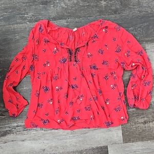 Coral Long Sleeve Top With Floral Pattern
